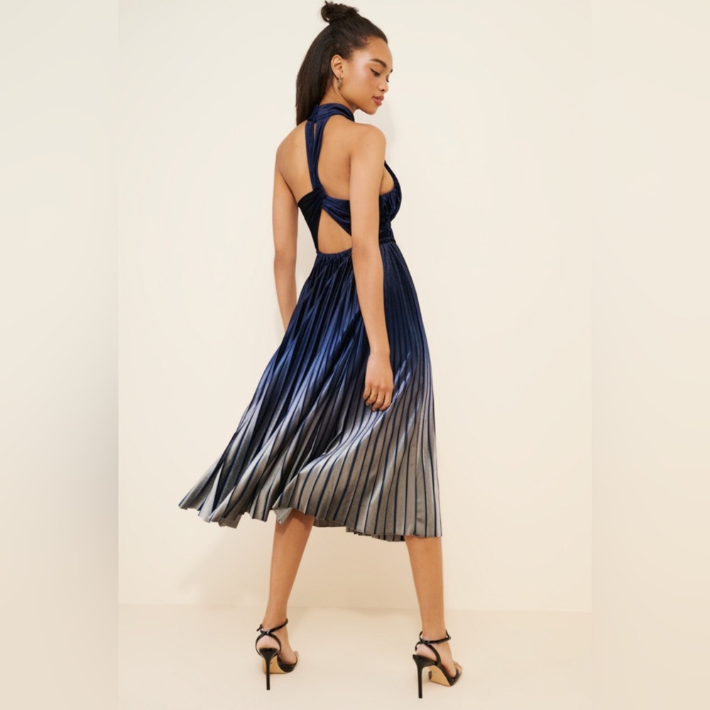 Anthropologie Navy Velvet Midi Dress Pleats NWOT